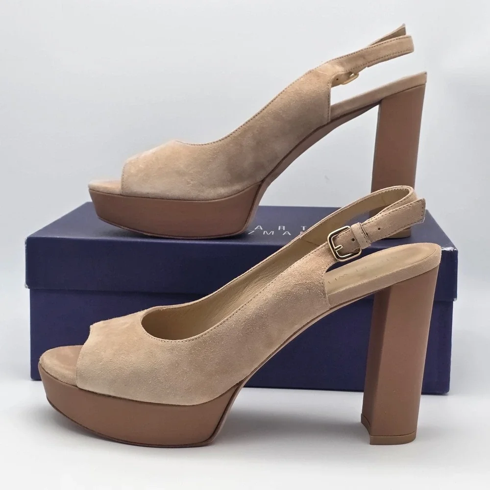 Stuart Weitzman Slingshot Block Heels Women 10 Tan Suede Platform‎ Wedding Guest